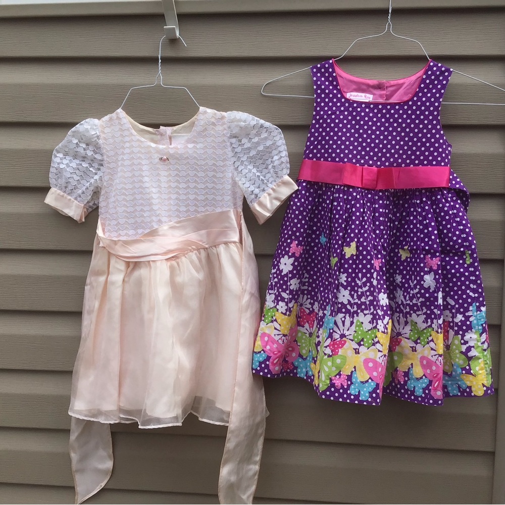 Two Size 5 Girls Dresses, Jessica Ann Butterflies & Rose Cottage Lace Hearts